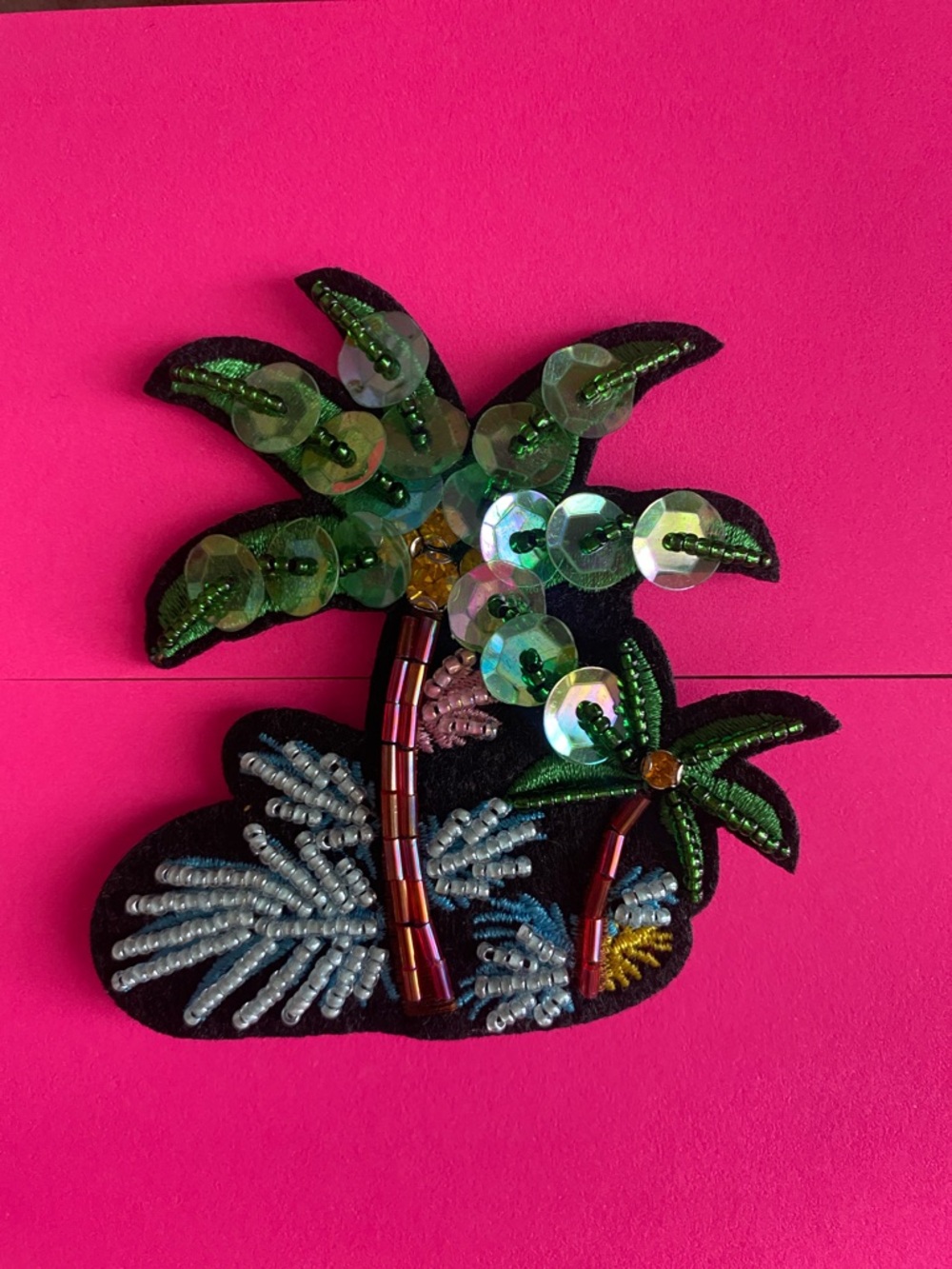 Fabulous Sequin & Bead PALM TREE Patch Pin - Green, Blue, Gold Accents